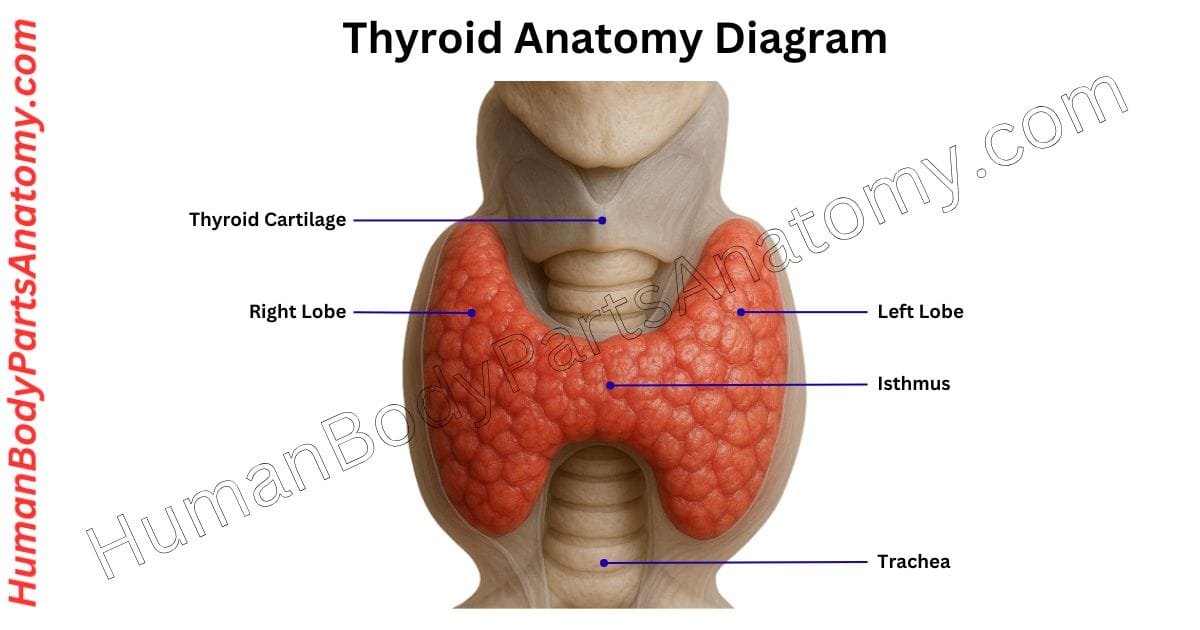 Detailed diagram of human thyroid anatomy showing lobes, isthmus, blood vessels, and surrounding structures with labeled parts and functions.
