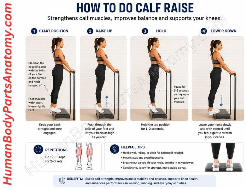 Person on the edge of a step lifting both heels high, with heels hanging off the edge and a railing nearby for balance. Calf Raise for Pain Relief.