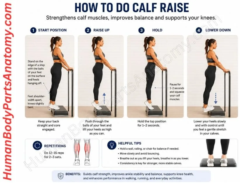 Person on the edge of a step lifting both heels high, with heels hanging off the edge and a railing nearby for balance. Calf Raise for Pain Relief.