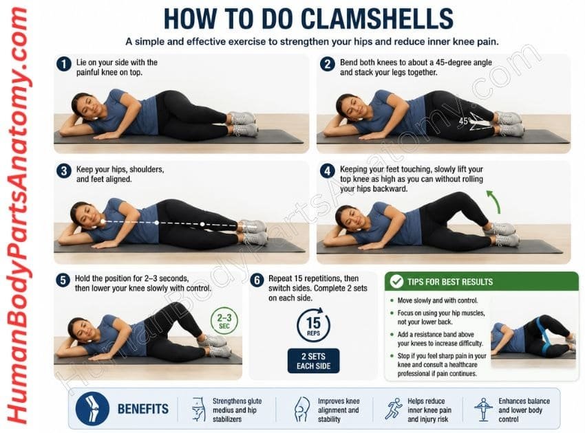 Person lying on their side with knees bent and stacked, lifting the top knee while keeping both feet together. Clamshells for Pain Relief