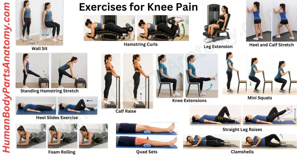 Labeled collage of 13 physiotherapy exercises for knee pain: wall sit, quad sets, clamshells, calf raise and more.