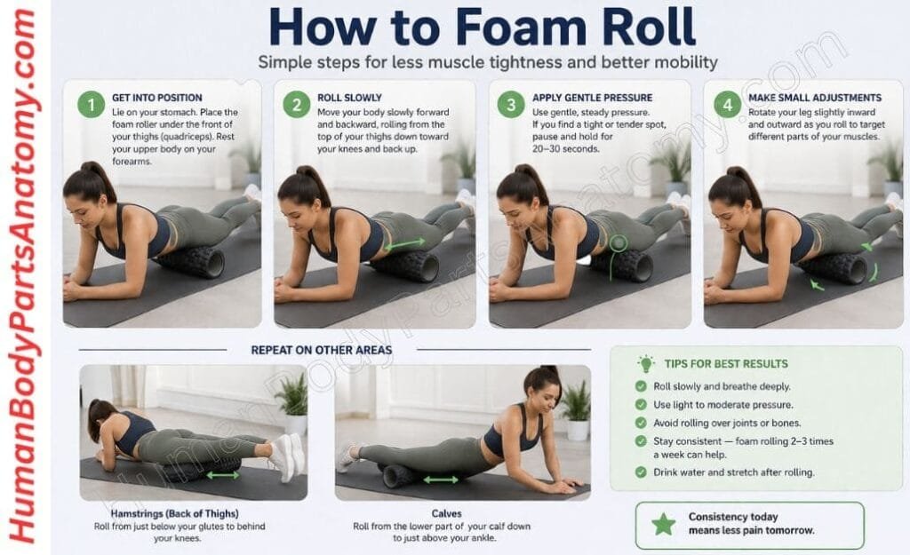 Person lying face down with a foam roller under the front of the thighs, supporting their upper body on both forearms. Foam Rolling Pain Relief