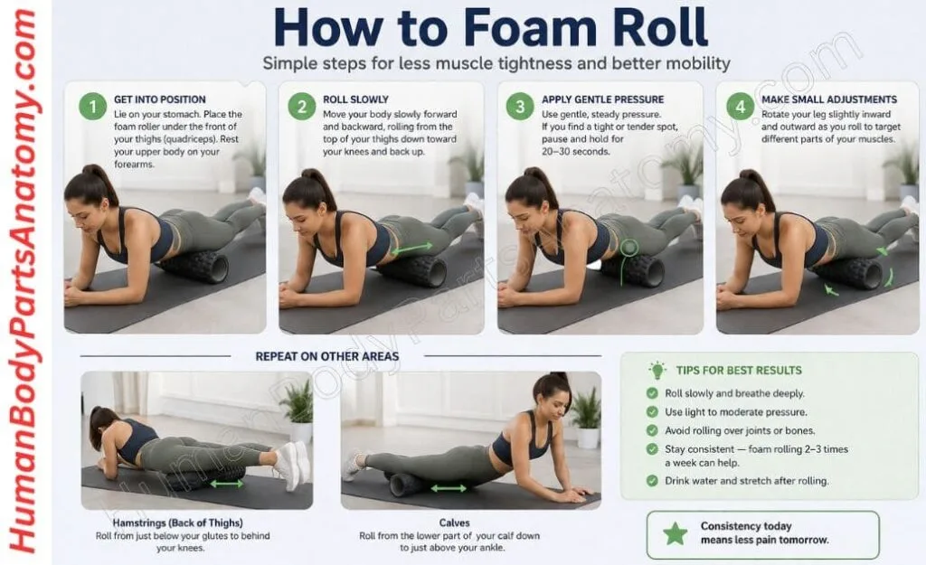 Person lying face down with a foam roller under the front of the thighs, supporting their upper body on both forearms. Foam Rolling Pain Relief