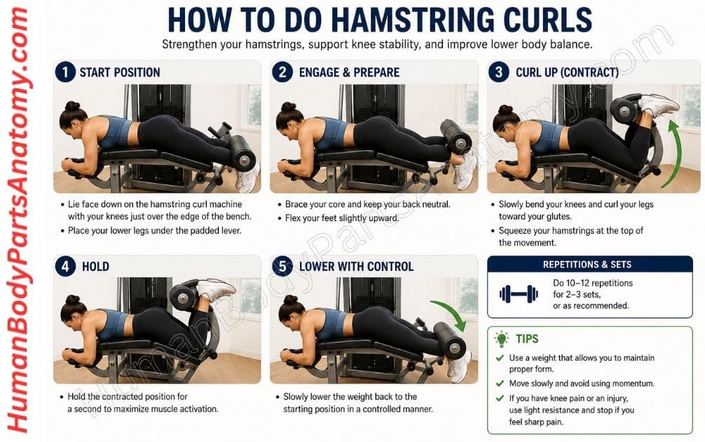 Person lying face down on a hamstring curl machine, bending both knees to bring the padded bar toward the hips. Hamstring Curls for Pain Relief