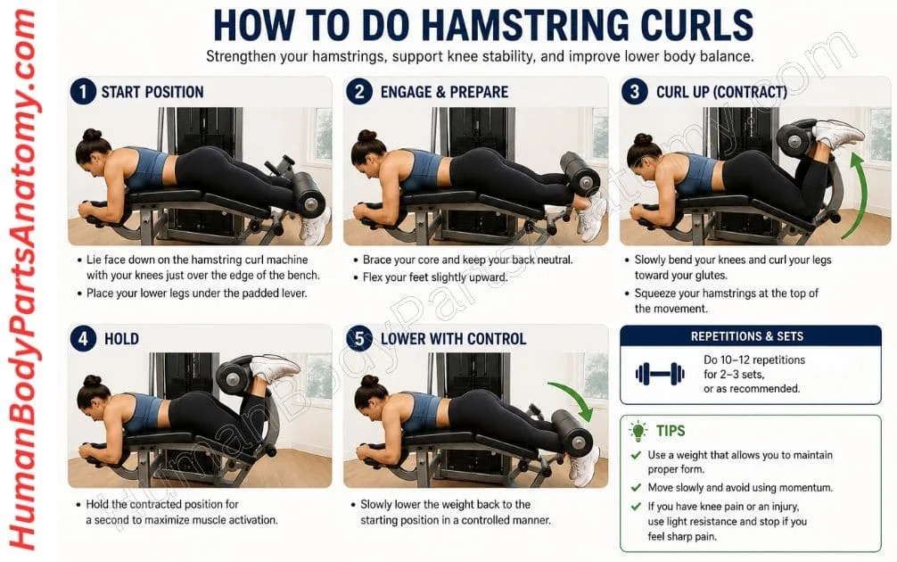 Person lying face down on a hamstring curl machine, bending both knees to bring the padded bar toward the hips. Hamstring Curls for Pain Relief