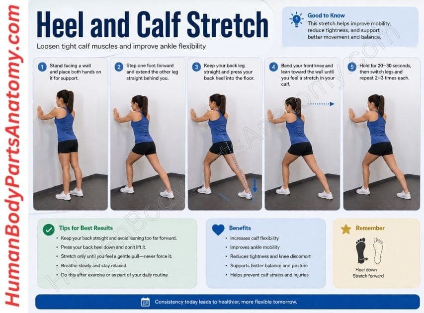 Person facing a wall with hands at shoulder height, back leg straight and heel down, performing a standing Heel and Calf Stretch for Pain Relief
