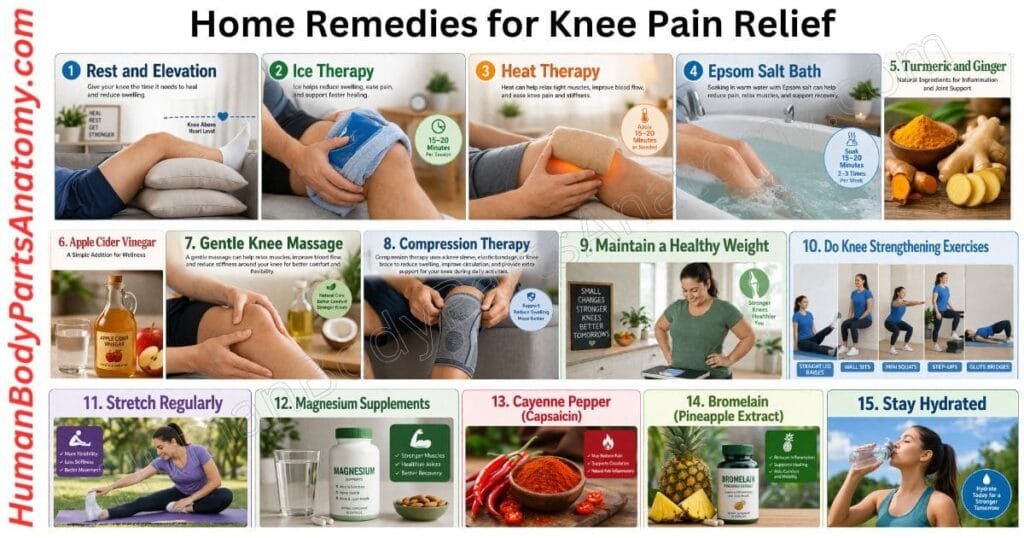 15 home remedies for knee pain relief, including rest, ice therapy, heat therapy, compression, and stretching.