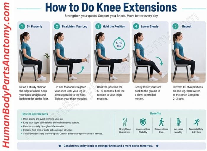 Woman seated on a sturdy chair performing a seated knee extension with her right leg straightened parallel to the floor