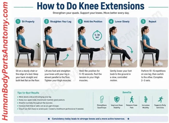 Woman seated on a sturdy chair performing a seated knee extension with her right leg straightened parallel to the floor