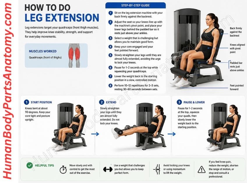 Person seated on a leg extension machine straightening both legs against a padded bar, back supported by the backrest. Leg Extension for Pain Relief