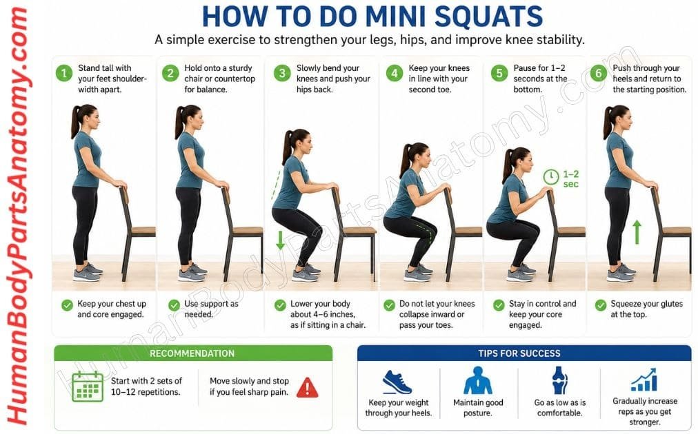 Person doing a shallow mini squat with feet shoulder-width apart, hands resting on a countertop for balance support.
