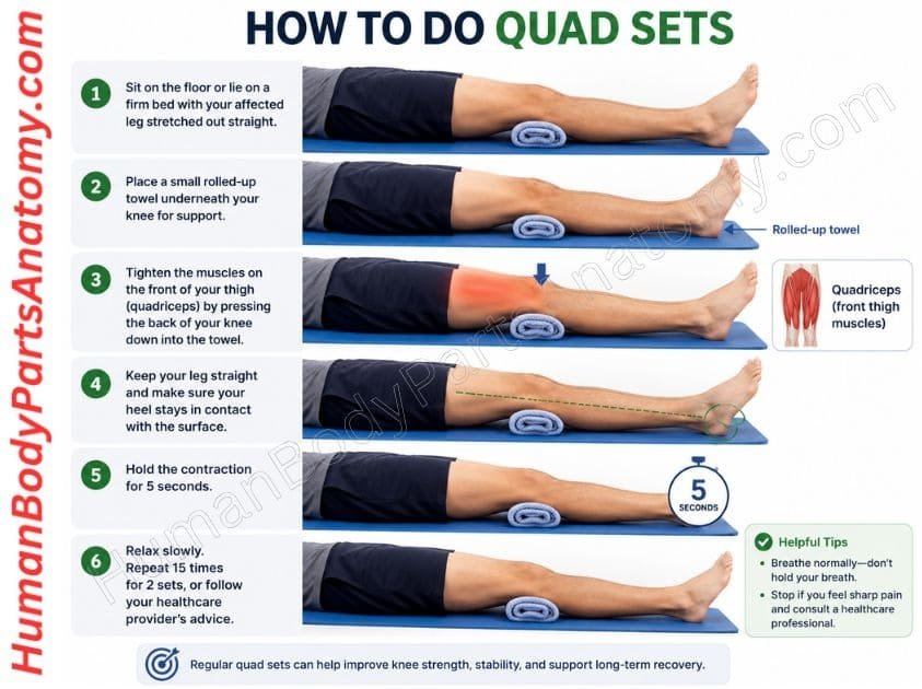 Person lying with leg straight and a small rolled towel under the knee, tightening the thigh muscle for a quad set.