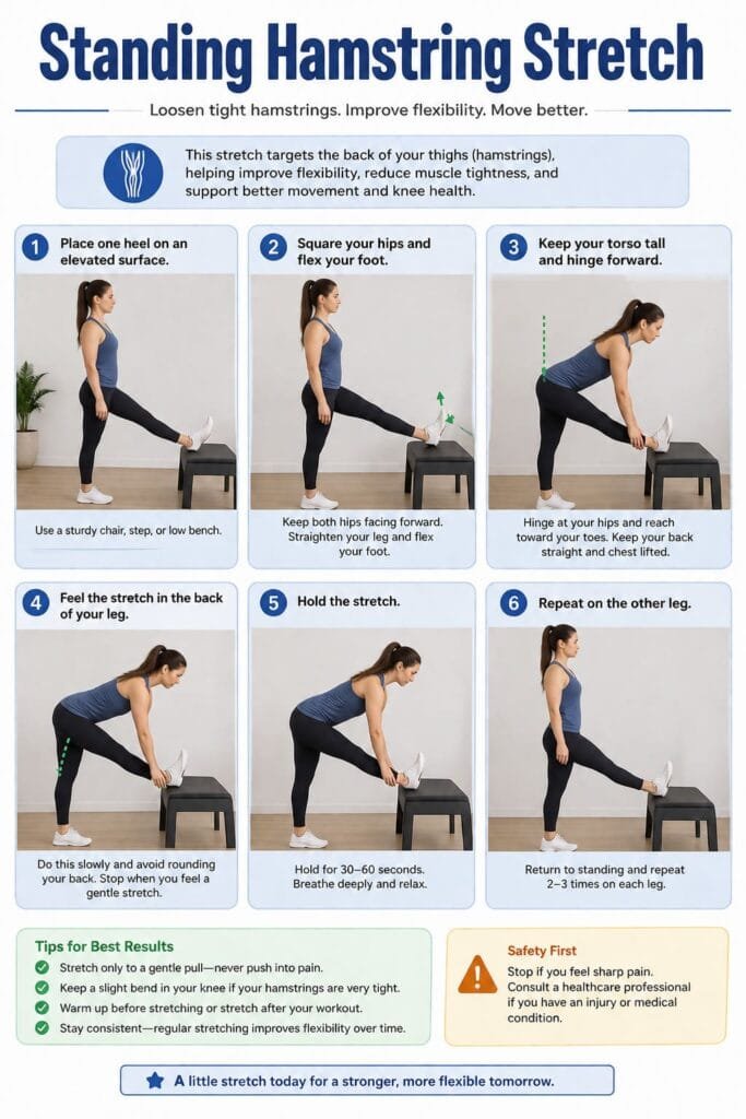 Person with one heel resting on a low bench, hinging forward from the hips to stretch the back of the raised thigh. Standing Hamstring Stretch for Pain Relief