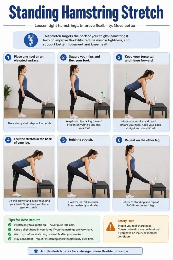 Person with one heel resting on a low bench, hinging forward from the hips to stretch the back of the raised thigh. Standing Hamstring Stretch for Pain Relief