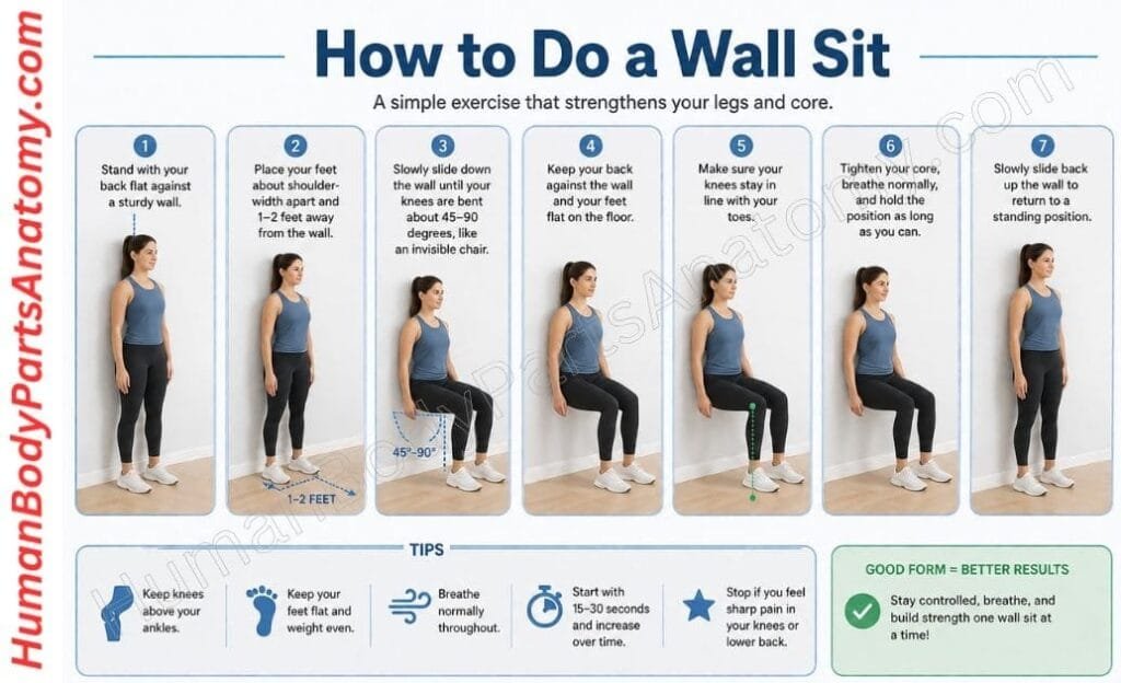 Person holding a wall sit with back flat against a wall, knees bent about 60 degrees and feet shoulder-width apart.