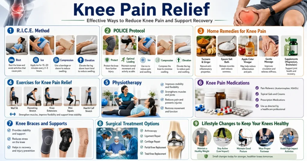 Knee pain relief infographic showing RICE method, POLICE protocol, home remedies, exercises, braces and surgery options