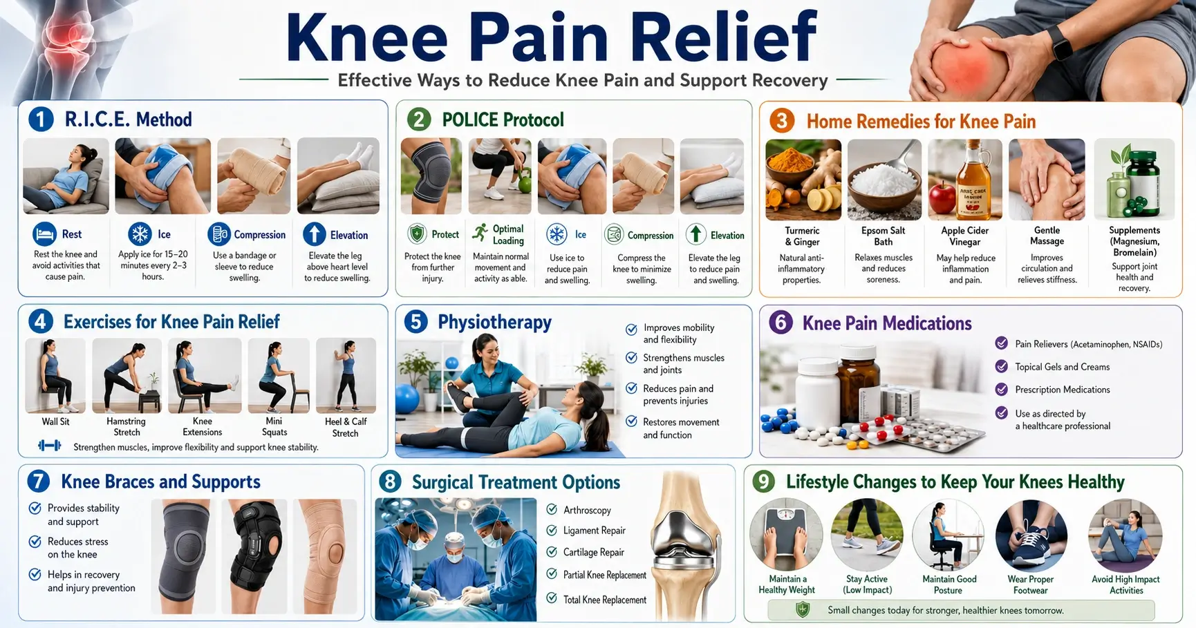 Knee pain relief infographic showing RICE method, POLICE protocol, home remedies, exercises, braces and surgery options