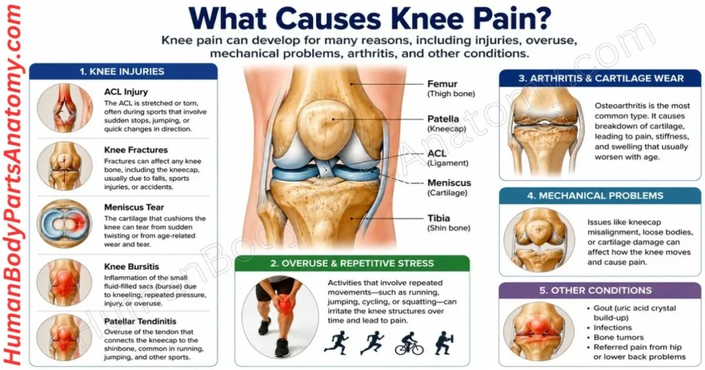 What causes knee pain? Infographic showing common causes including ACL injury, meniscus tear, bursitis, tendinitis, overuse, arthritis, and mechanical knee problems.