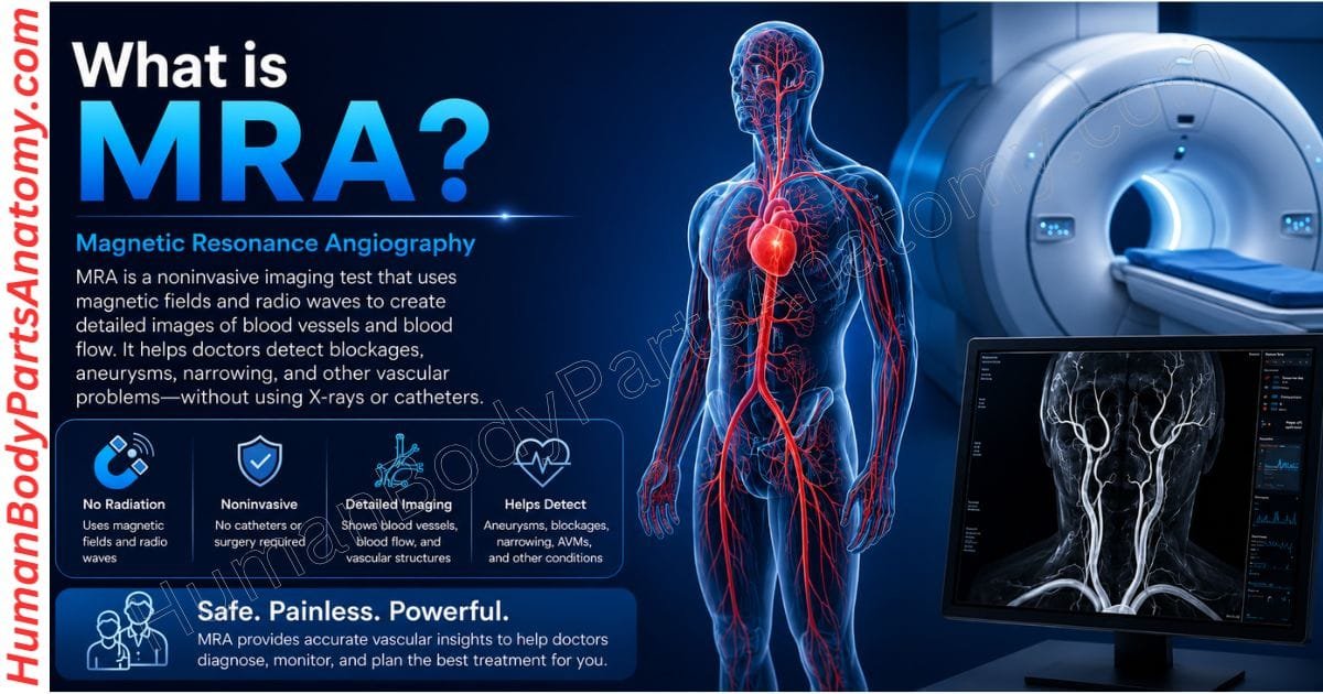 MRA uses magnetic fields and radio waves to image blood vessels, shown with an MRI scanner and neck angiogram.